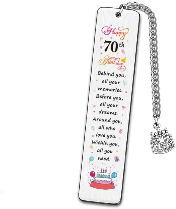 70th birthday book mark with birthday wishes in silver