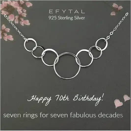 70th birthday necklace with 7 silver sterling rings