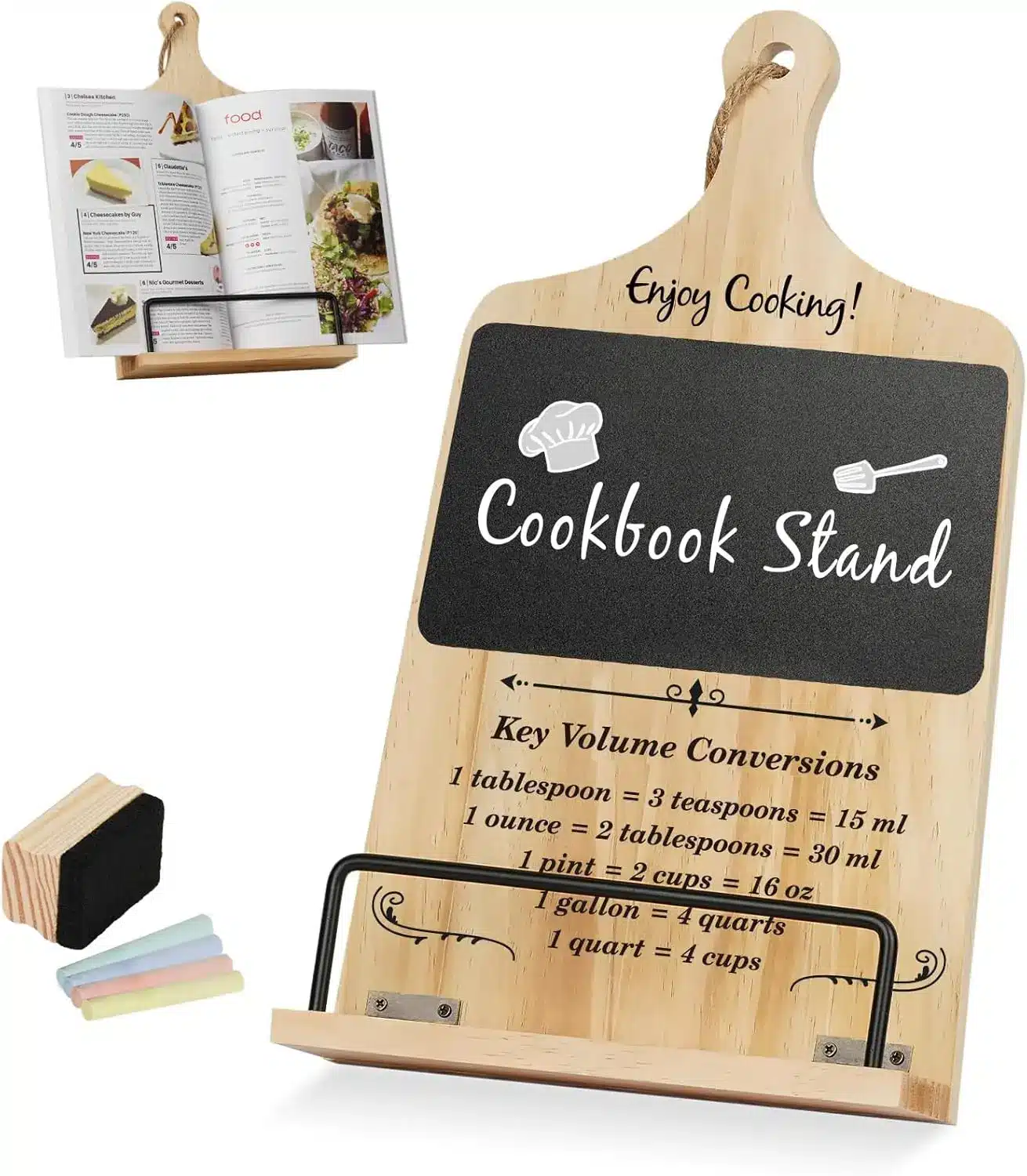 This wooden cookbook stand with chalkboard surface would make a thoughtful idea gifts for older cooks. The practical design and helpful information make this an accessible and user-friendly cooking accessory for older adults.