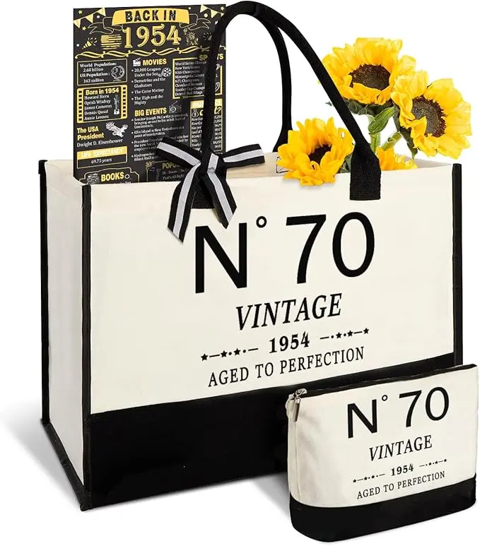 70th birthdays hand bags for seniors with their date year and toote bag with birrhday card