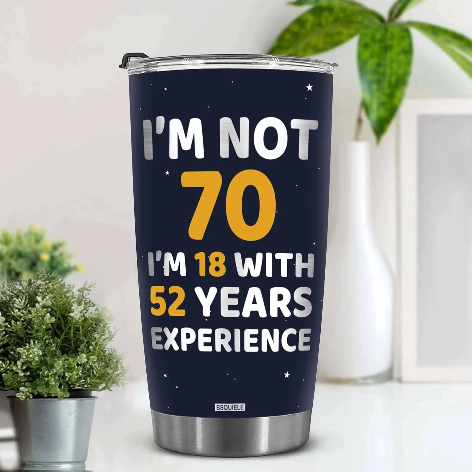 7oth tumbler in black says i'm 18 with 52 years experince. in black and silver color