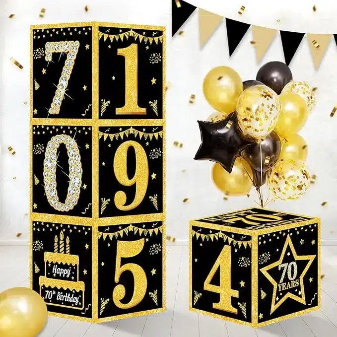 70th Birthday Gifts For Women Over 70 20 70th birthday gifts for older women. birthday decorations boxes and balloons in gold with black colors for women gift.