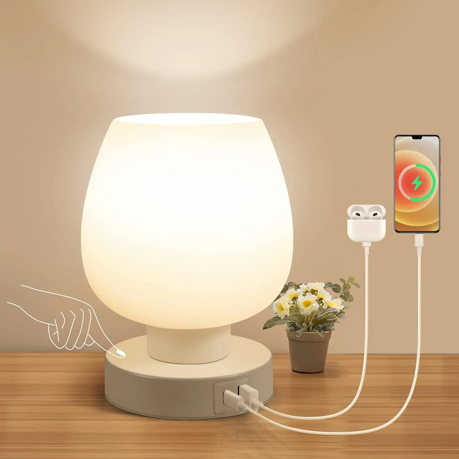 practical GIFTS FOR OLDER WOMEN PICTURE SHOWS Touch Bedside Table Lamp - Small Lamp for Bedroom with USB C+A Charging Ports 3 Way Dimmable, Nightstand Desk lamp with White Opal Glass Lamp Shade Warm LED