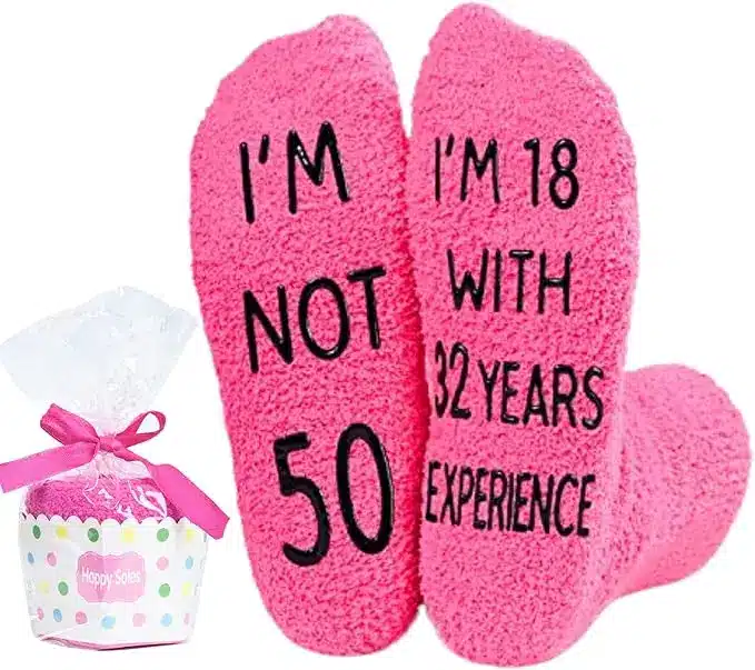50th Birthday Gift Ideas: Funny Gifts 16 Happy birthday Socks, 50th Birthday Gifts for Women in pink and black.