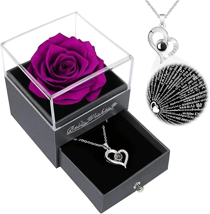 60th Birthday Gift Ideas 30 Valentine's Day gifts for MOM featuring a preserved rose in a gift box with a 'Forever Love' ribbon and a rose-shaped necklace with an 'I Love You' projection in 100 languages.