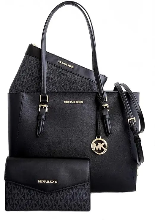 Romantic Gifts 14 black mk Michael Kors Charlotte Large 3-in-1 Tote Crossbody Handbag Leather. gift for older women