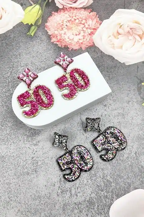 50th Birthday Gift Ideas: Funny Gifts 39 Birthday Glitter Drop Post Earrings - Shimmering, Jewelry, Memorable Milestone, Sparkles. Funny 50th Birthday Presents For Her