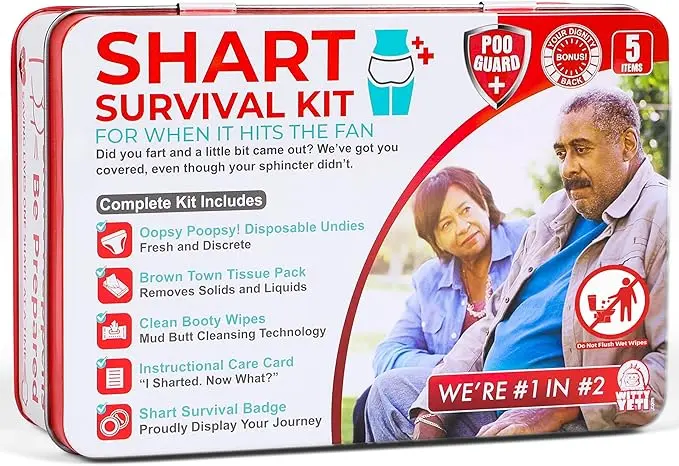 50th Birthday Gift Ideas: Funny Gifts 8 Funny Shart Survival Kit by Witty Yeti. Ultimate Poop Prank Gag Gift Set Contains Wet Wipes, Disposable Underwear, Tissues and Hilarious Badge. Novelty Fart Potty Pack Great for Friends or Family. Funny 50th Birthday Presents For Her