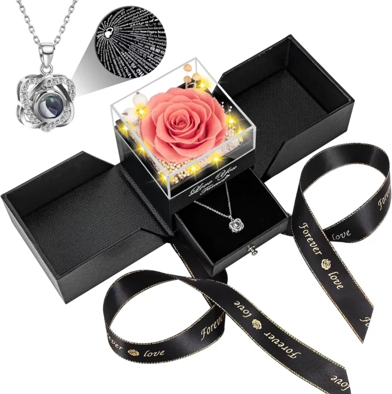 Valentine's Day Gifts for Wife 7 Romantic valentine’s day gifts for wife featuring a preserved rose in a gift box with a 'Forever Love' ribbon and a rose-shaped necklace with an 'I Love You' projection in 100 languages.
