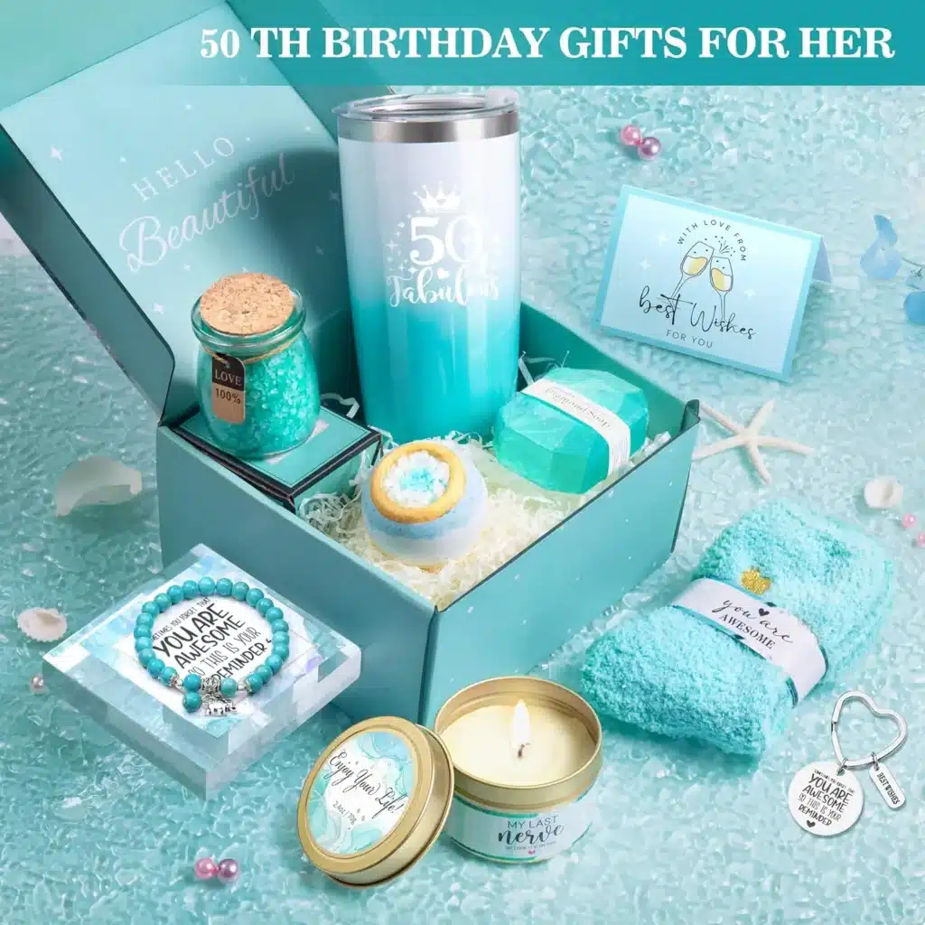 50th Birthday Gift Ideas: Funny Gifts 45 10-PIECE GIFT PACKAGE: Includes a 20oz tumbler, 3.5oz soy wax candle, cozy socks, stylish keychain, elegant bracelet, relaxing bath salt, handmade soap, bath bomb, greeting card, and a beautifully designed gift box. Everything she needs for a special day!