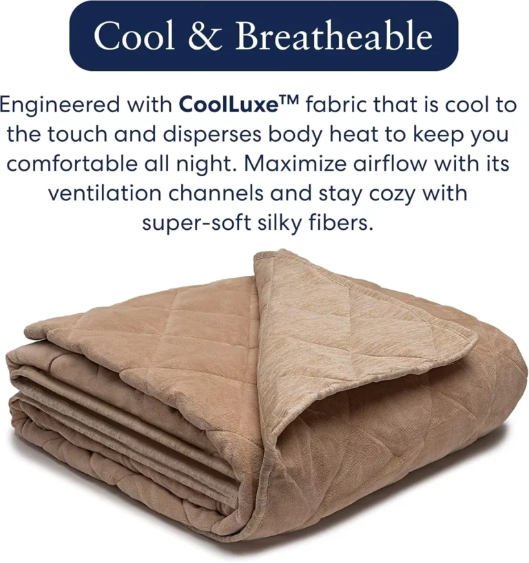 Luna Weighted Blanket Reviews 3 Close-up of a folded tan Luna weighted blanket, showcasing its textured fabric. A dark blue banner reads "Cool & Breathable," and text below explains that the blanket is engineered with Cool Luxe™ fabric for a cool-to-the-touch feel and heat dispersal. The text also mentions ventilation channels for airflow and super-soft silky fibers for comfort. Gifts for older women