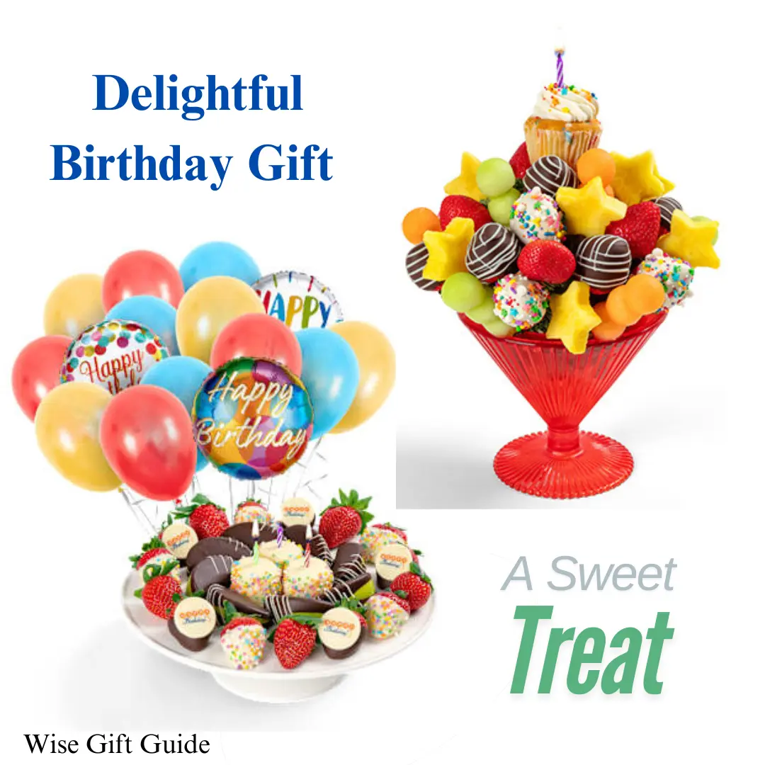 colorful fruits in a plate and cake pop and fruits coated with chocolate in a red cup with dozen balloons. text says: a sweet treat & delightful birthday gift in blue