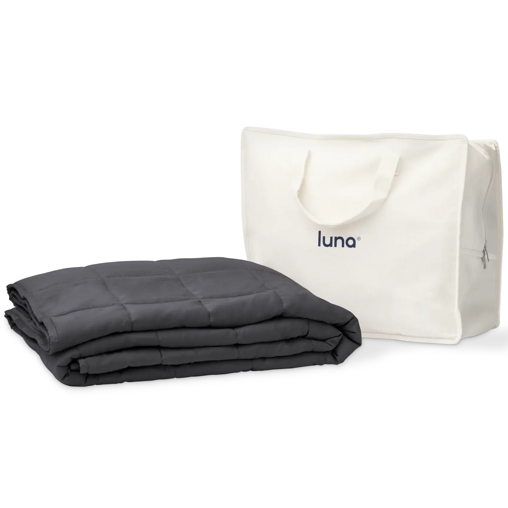 Comfort & Home Gifts 5 Dark grey Luna weighted blanket folded neatly next to a white carrying bag with the Luna logo, showcasing its compact and portable design.